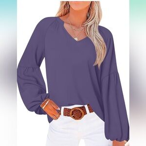 V neck lantern sleeve tunic blouse